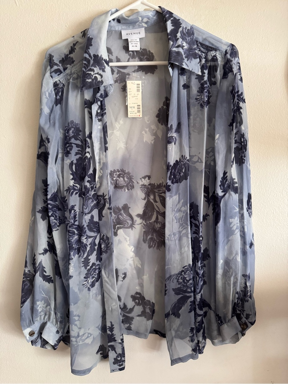 Avenue 100% Silk Blue Sheer Floral Open Front Blouse Cardigan